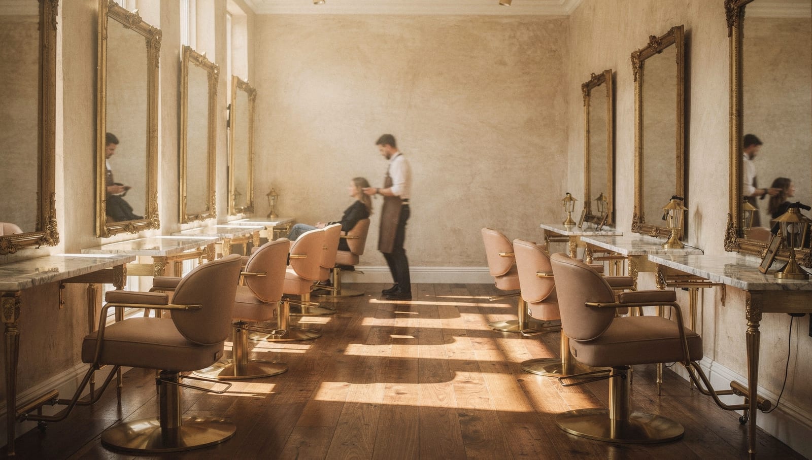 Sunlight pooling across the walnut floor between rows of styling chairs and gilt mirrors