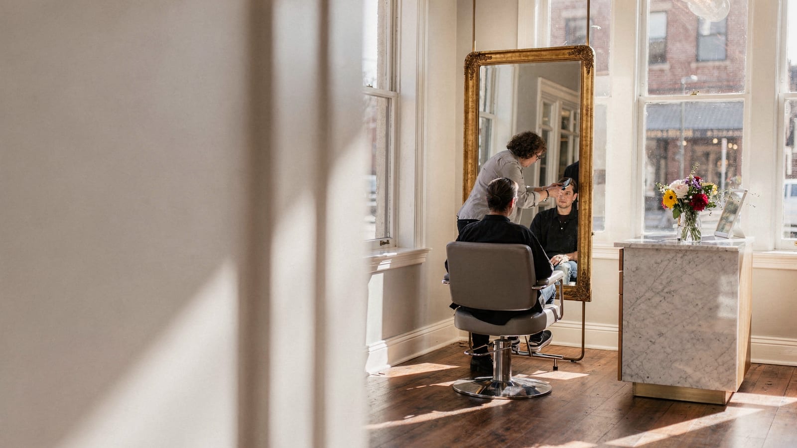 A sunlit styling chair before a gilt-framed mirror at Indulgence A Salon in downtown Littleton