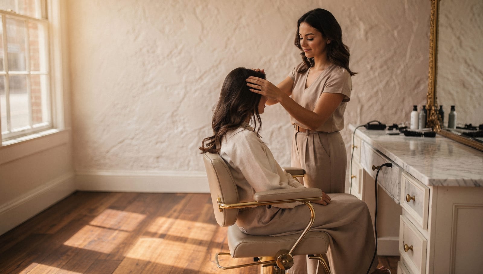 A stylist listening and considering a client's hair during a relaxed consultation