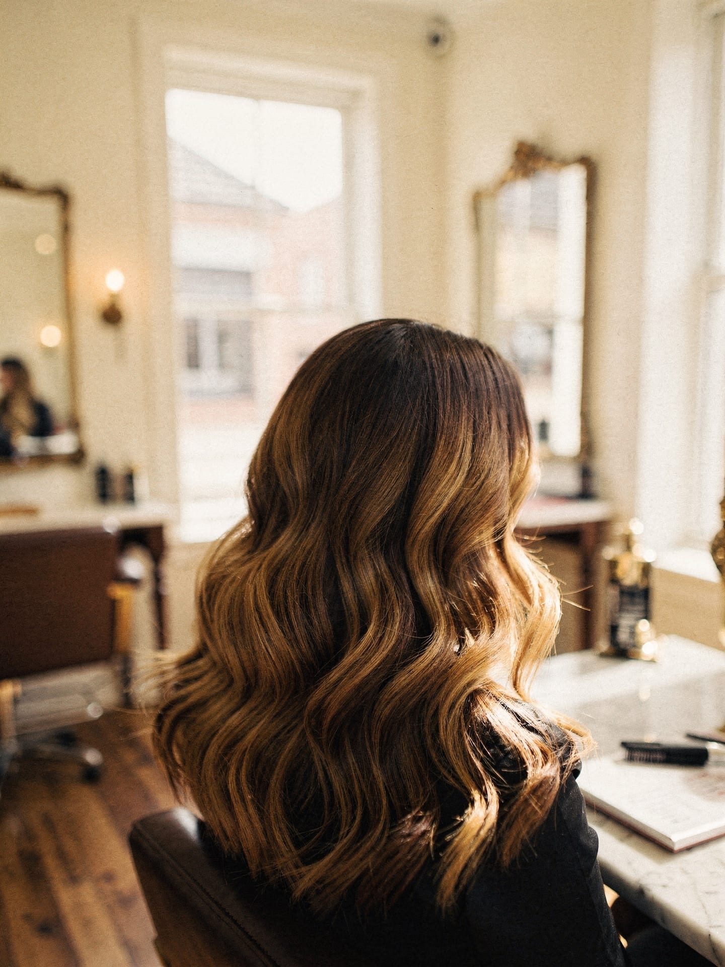 Freshly finished dimensional balayage in soft brunette-to-honey waves