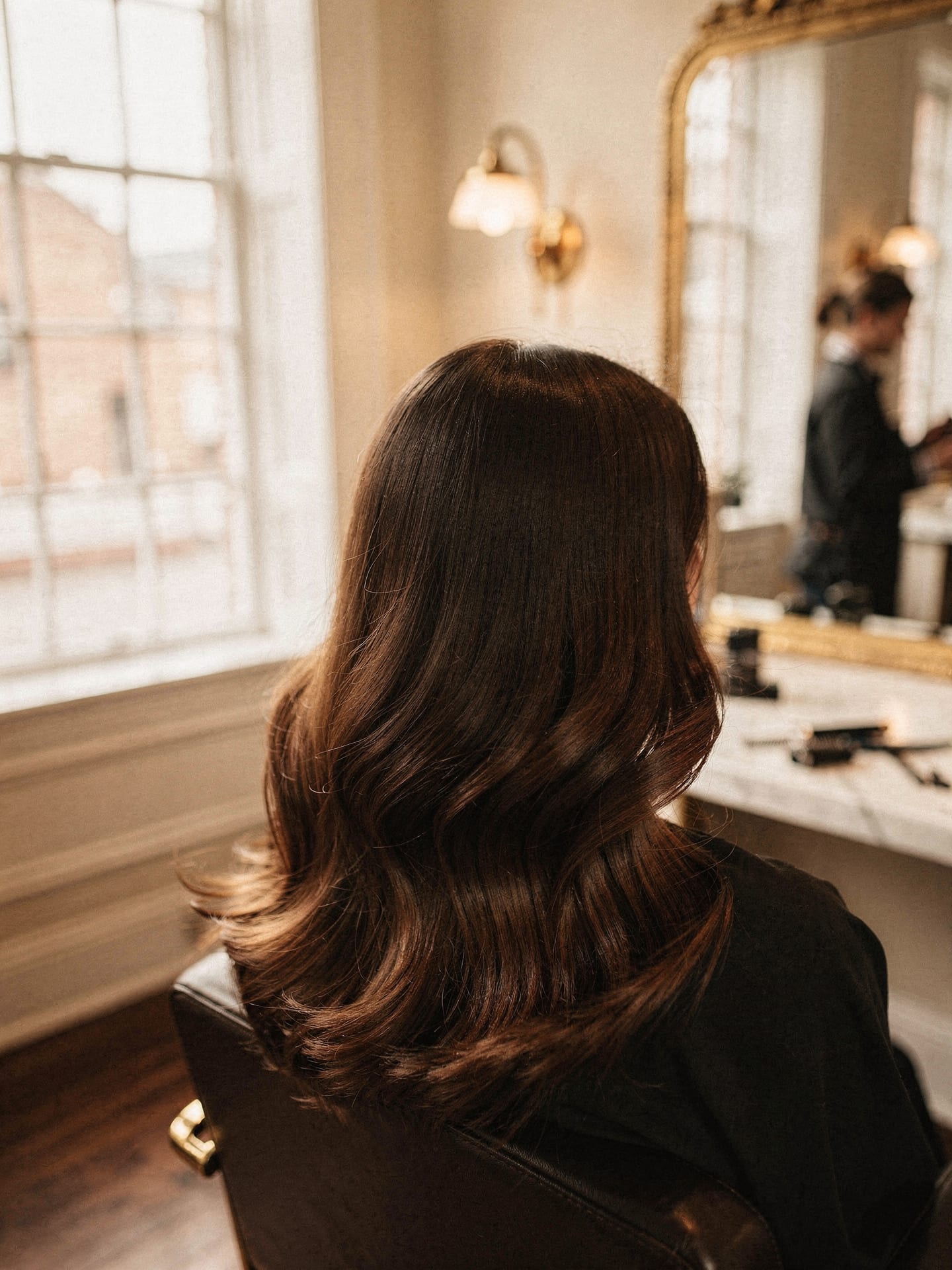 A polished, glossy fresh blowout with soft layered movement